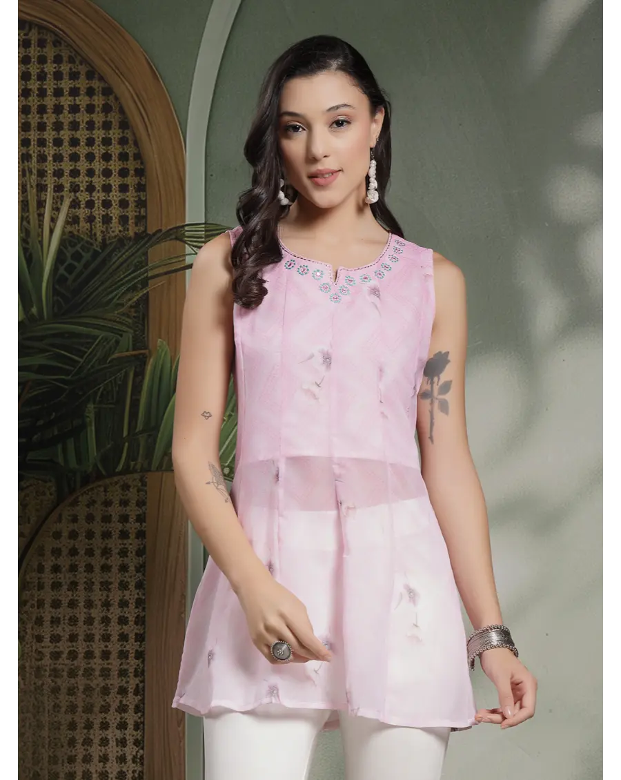 Women Pink Color Embroidery Georgette Fabric Top