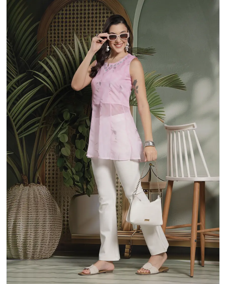 Women Pink Color Embroidery Georgette Fabric Top