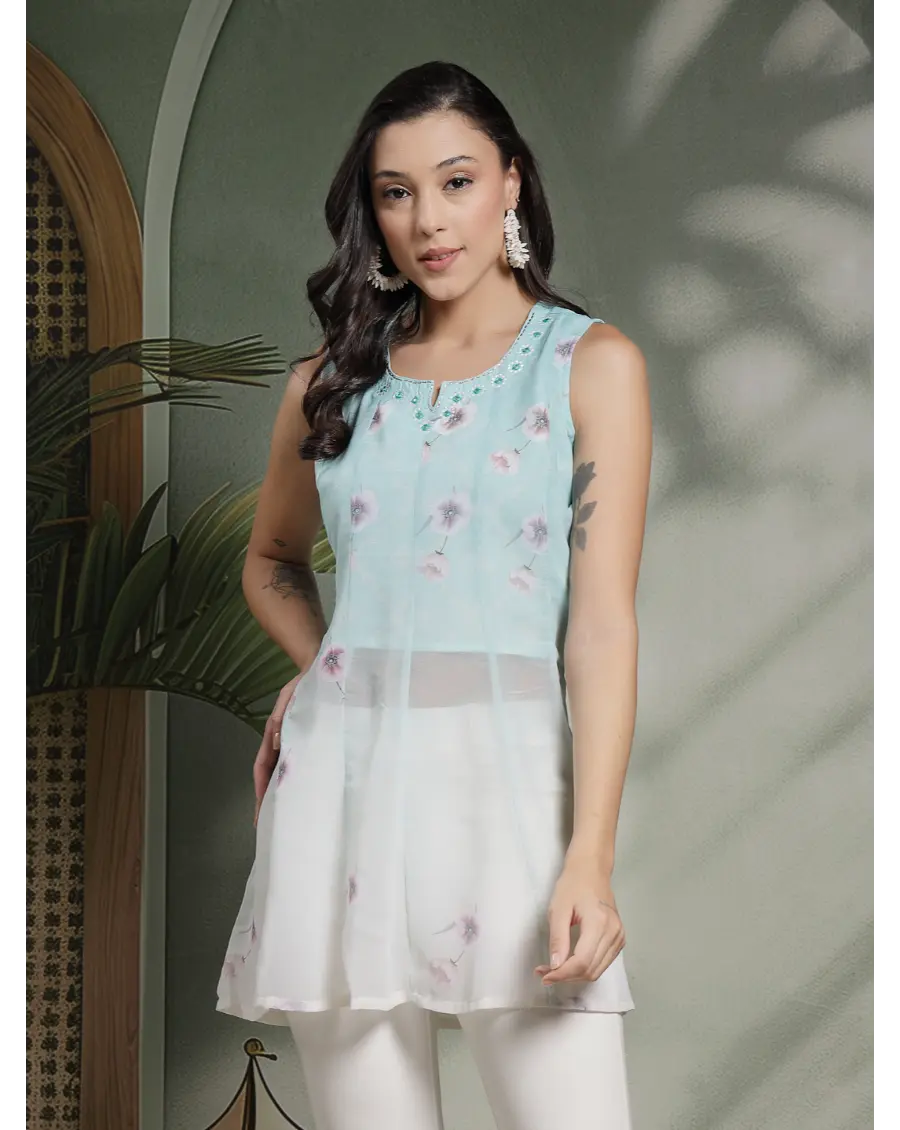Women Turquoise Color Embroidery Georgette Fabric Top
