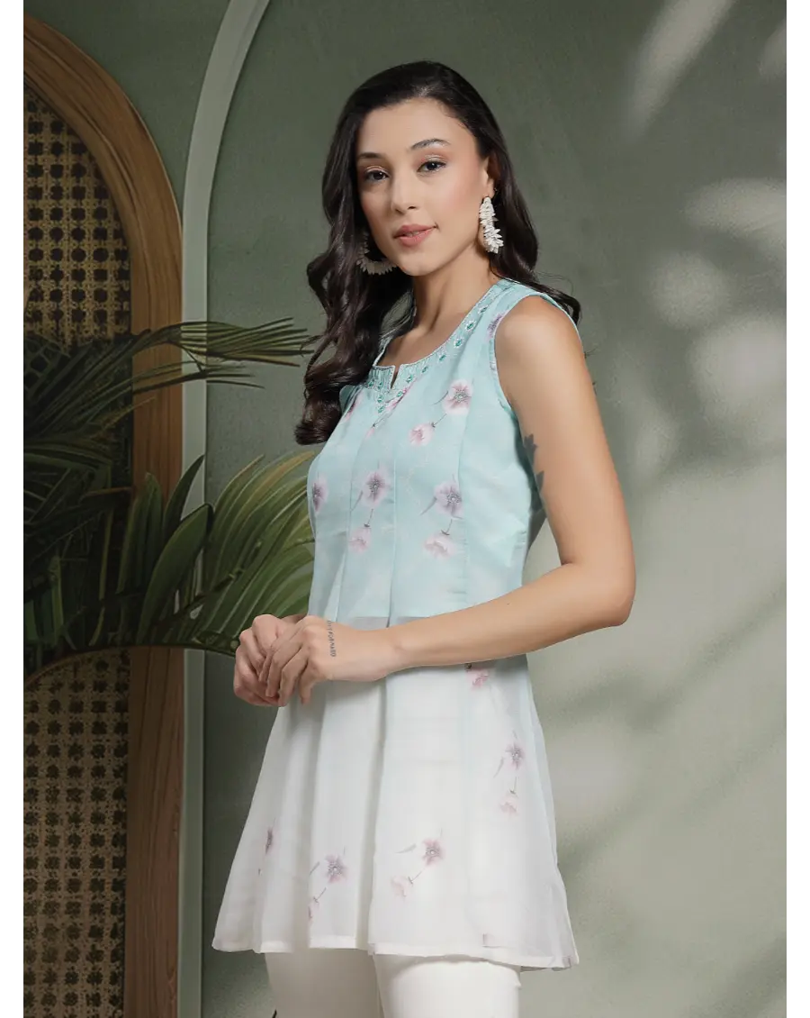 Women Turquoise Color Embroidery Georgette Fabric Top