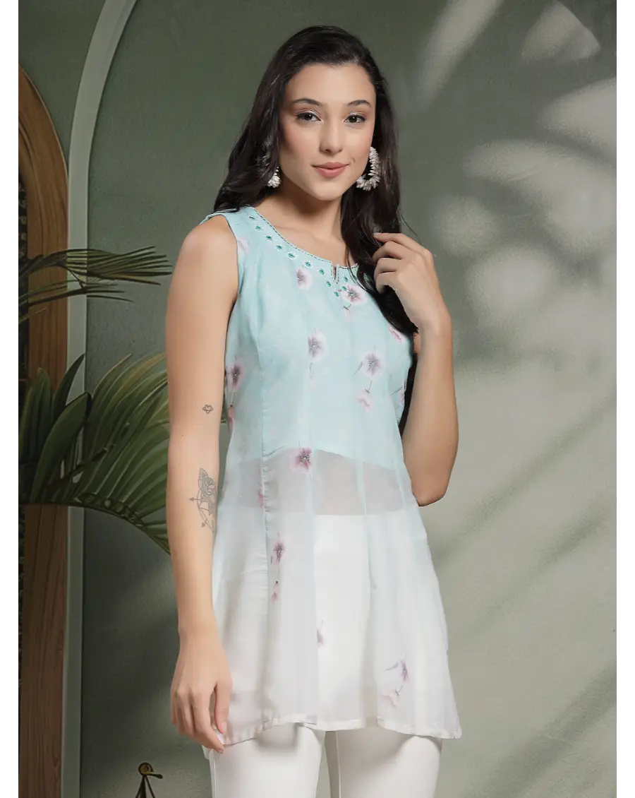 Women Turquoise Color Embroidery Georgette Fabric Top