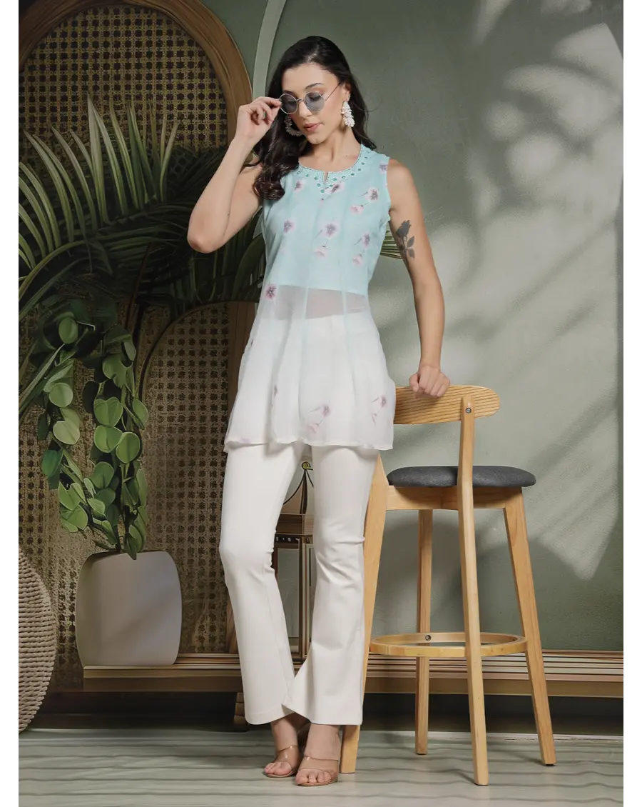 Women Turquoise Color Embroidery Georgette Fabric Top