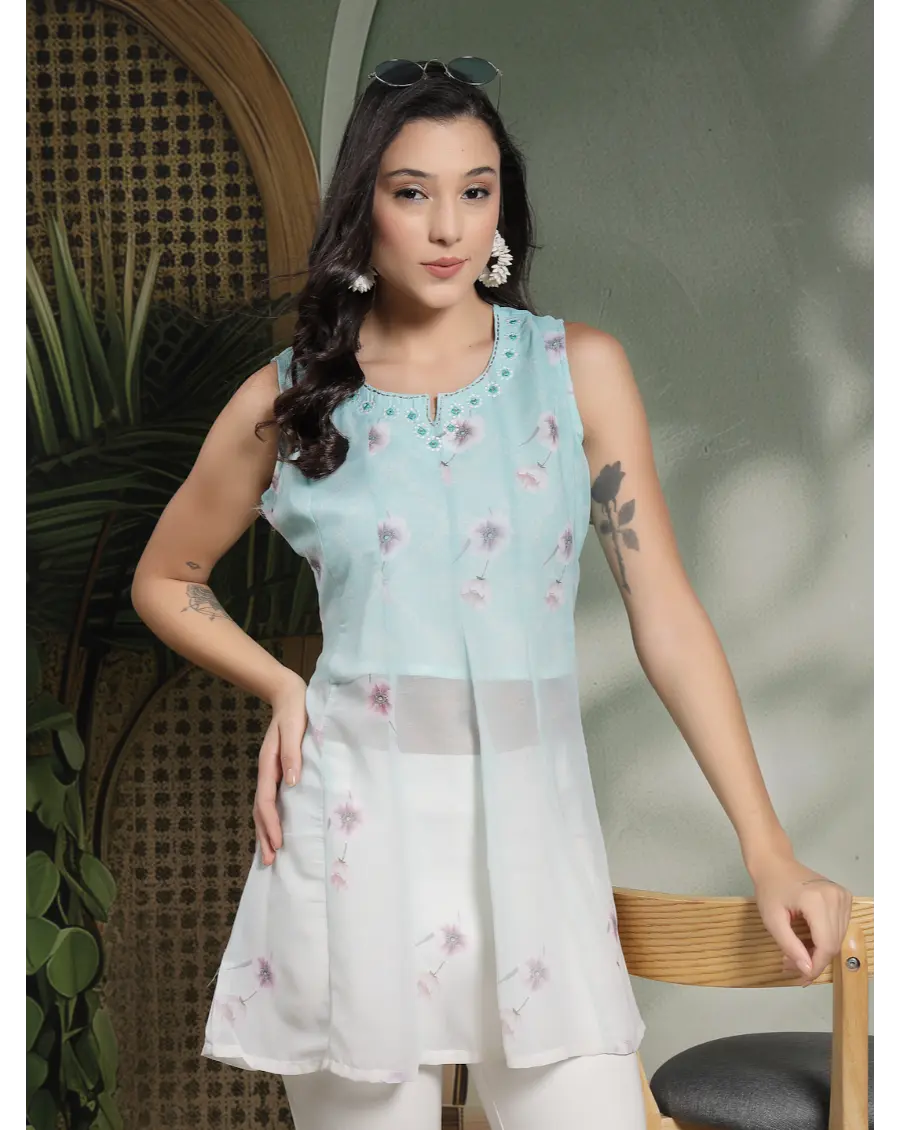 Women Turquoise Color Embroidery Georgette Fabric Top