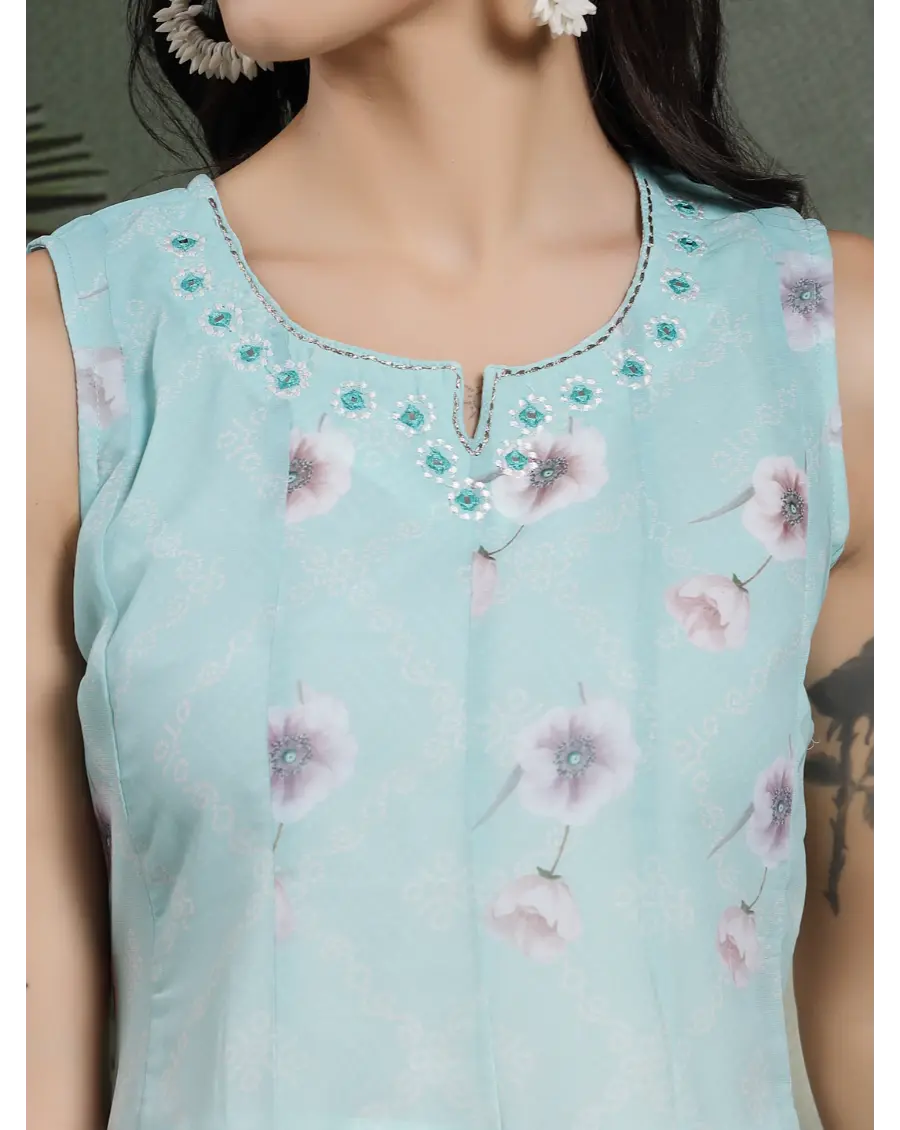 Women Turquoise Color Embroidery Georgette Fabric Top