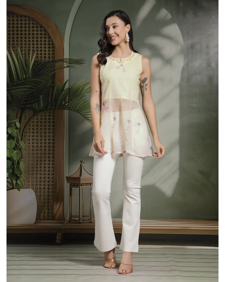 Women Yellow Color Embroidery Georgette Fabric Top