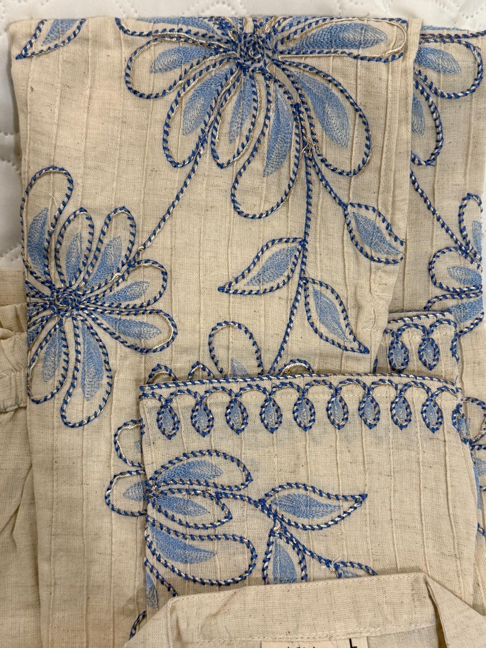 Off-White Floral Blue Embroidery Co-Ord Set