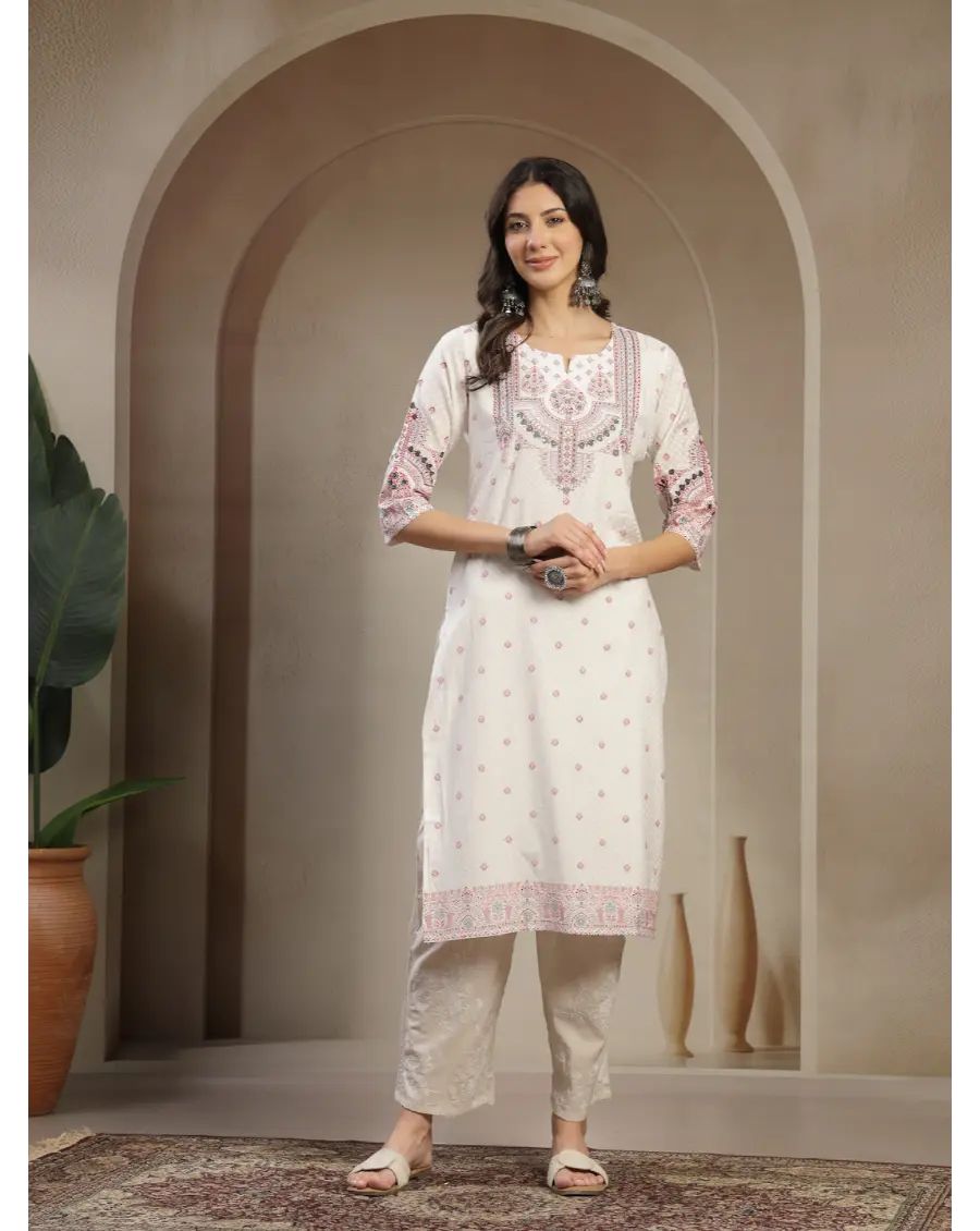 Women White Color Printed Polyester Fabric Kurta