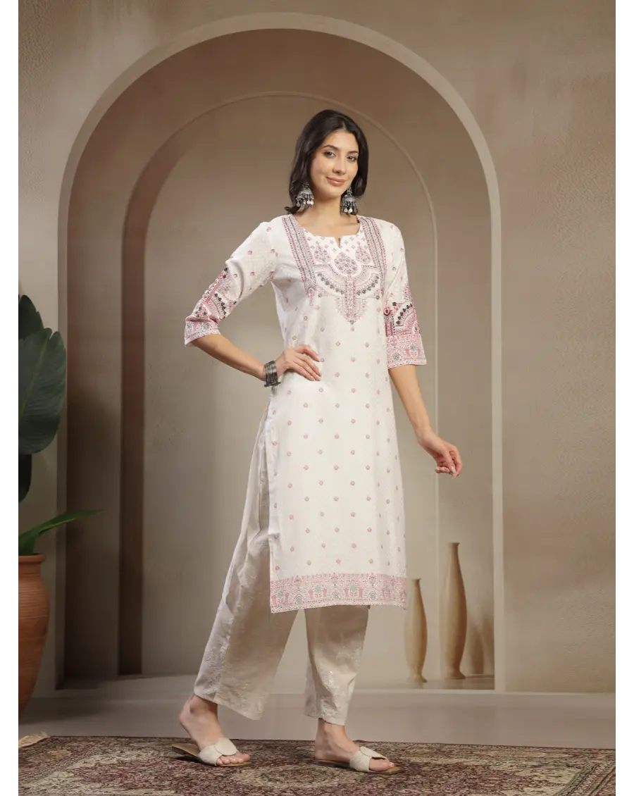 Women White Color Printed Polyester Fabric Kurta