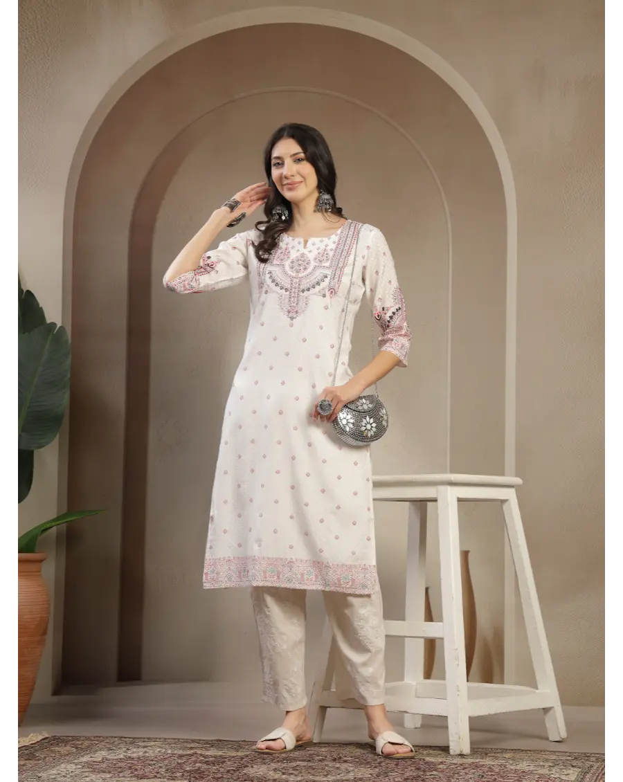 Women White Color Printed Polyester Fabric Kurta