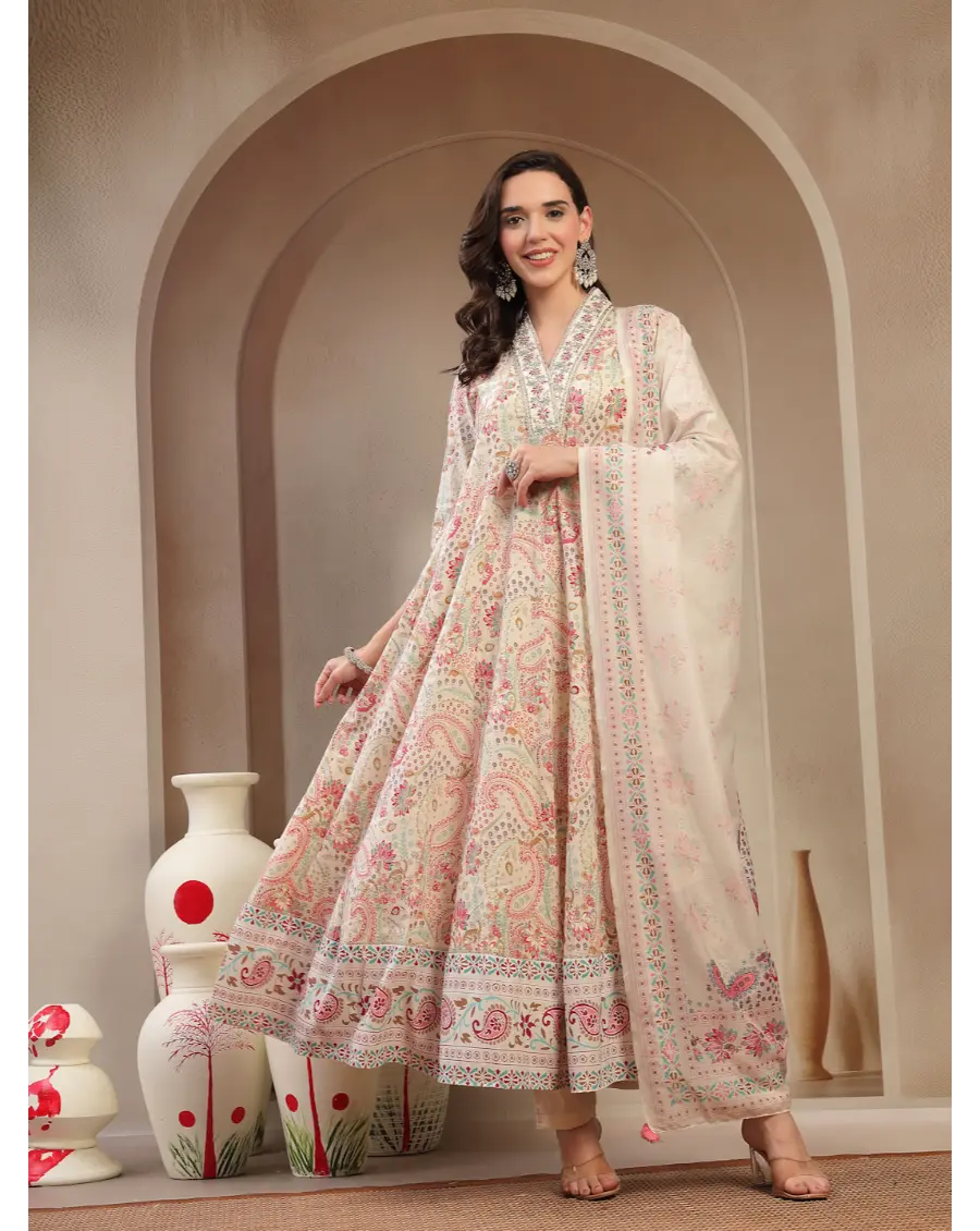 Women Multi Color Printed Cotton Fabric Anarkali Kurta Set