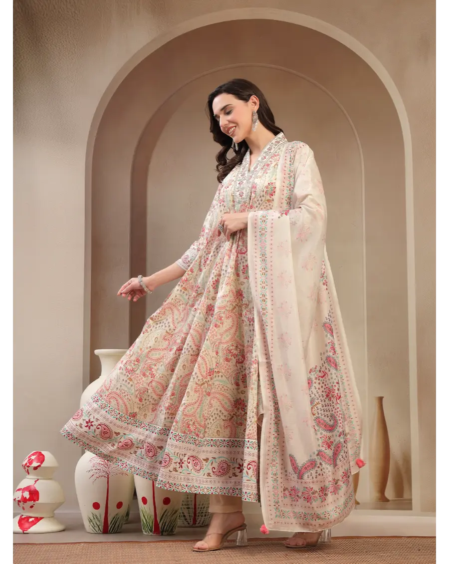 Women Multi Color Printed Cotton Fabric Anarkali Kurta Set