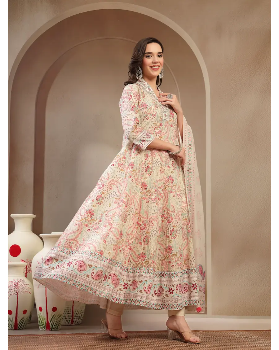 Women Multi Color Printed Cotton Fabric Anarkali Kurta Set