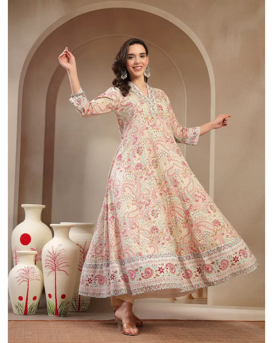 Women Multi Color Printed Cotton Fabric Anarkali Kurta Set