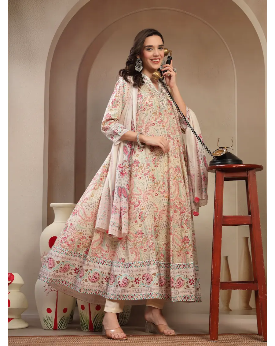 Women Multi Color Printed Cotton Fabric Anarkali Kurta Set