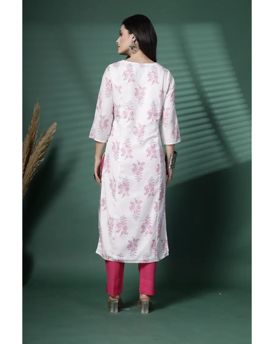 Women White Color Embroidery (Pink-Grey) Cotton Fabric Kurta