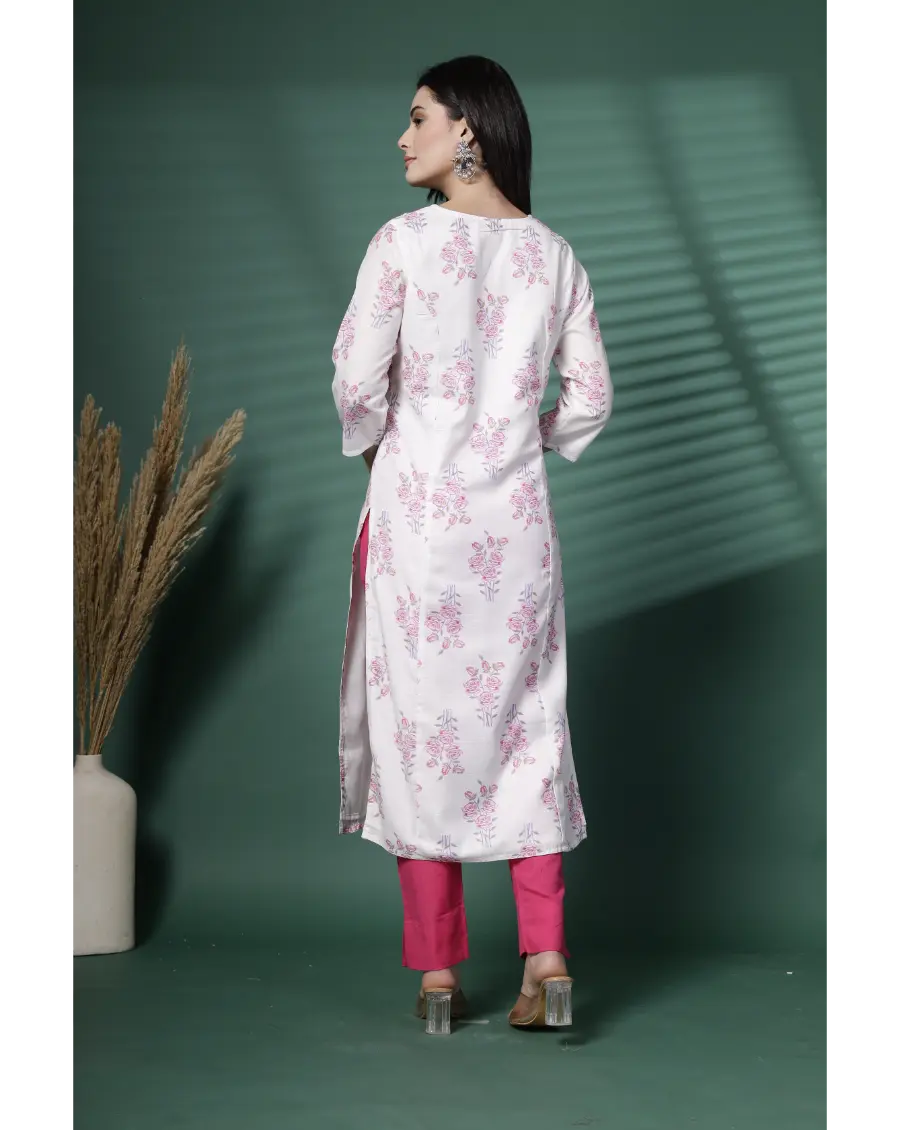 Women White Color Embroidery (Pink-Grey) Cotton Fabric Kurta