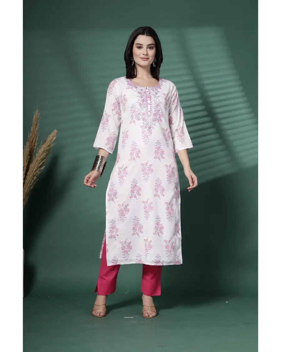Women White Color Embroidery (Pink-Grey) Cotton Fabric Kurta