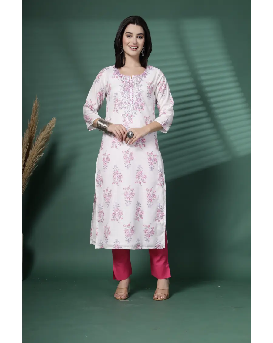 Women White Color Embroidery (Pink-Grey) Cotton Fabric Kurta