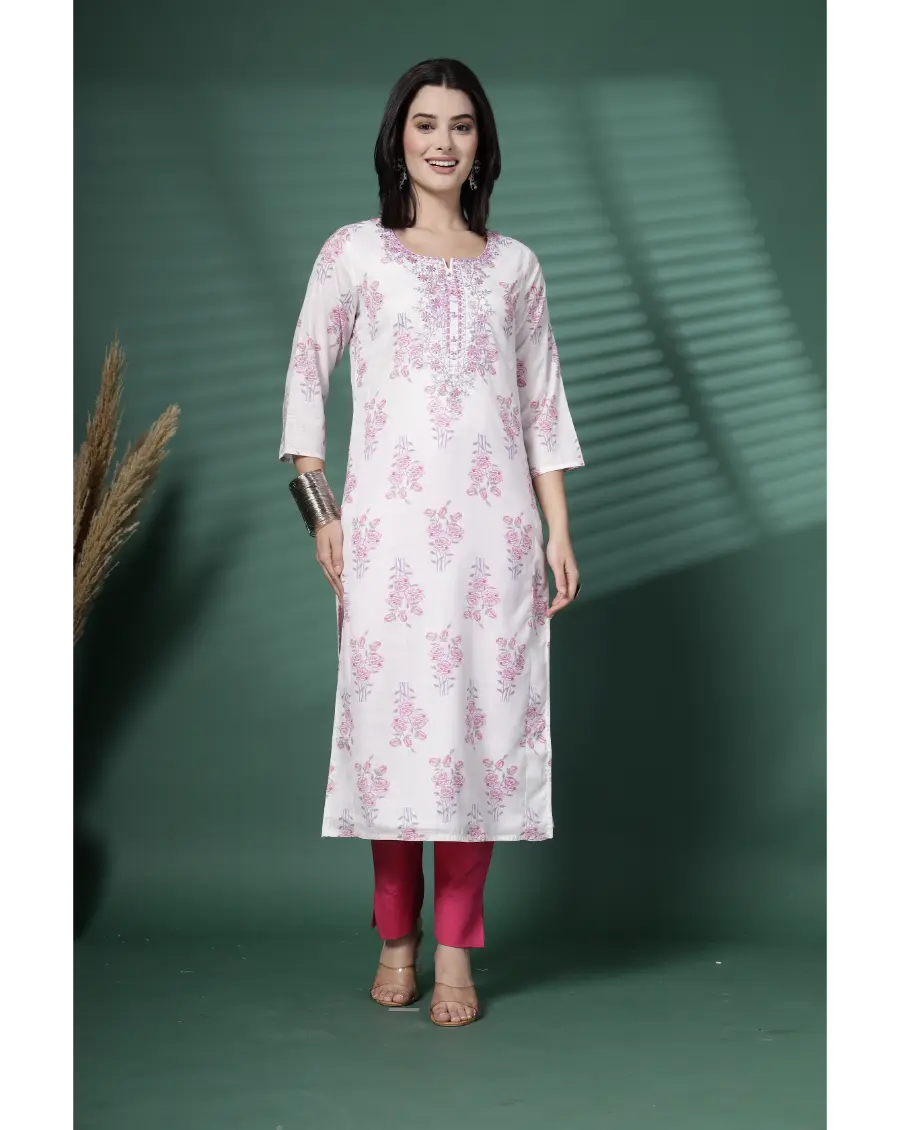 Women White Color Embroidery (Pink-Grey) Cotton Fabric Kurta