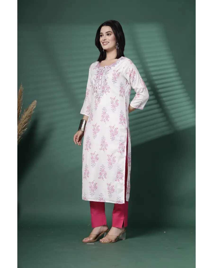 Women White Color Embroidery (Pink-Grey) Cotton Fabric Kurta