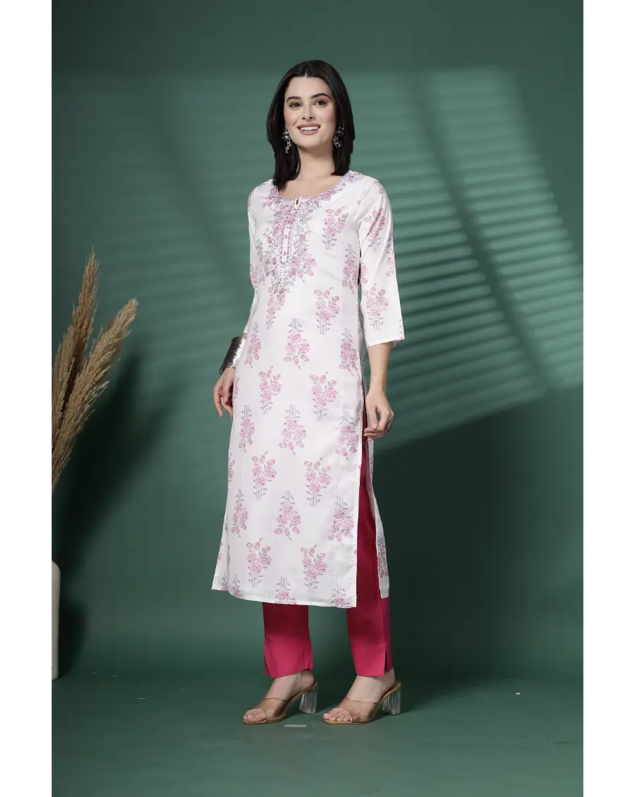 Women White Color Embroidery (Pink-Grey) Cotton Fabric Kurta