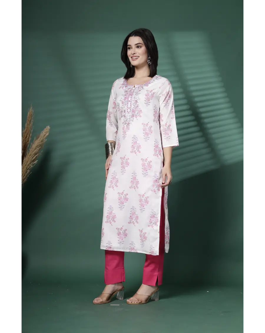 Women White Color Embroidery (Pink-Grey) Cotton Fabric Kurta