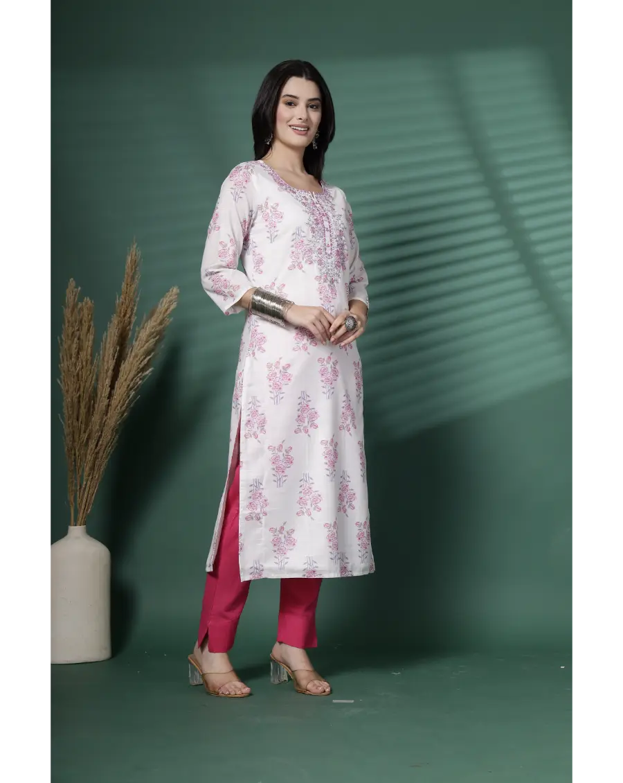 Women White Color Embroidery (Pink-Grey) Cotton Fabric Kurta