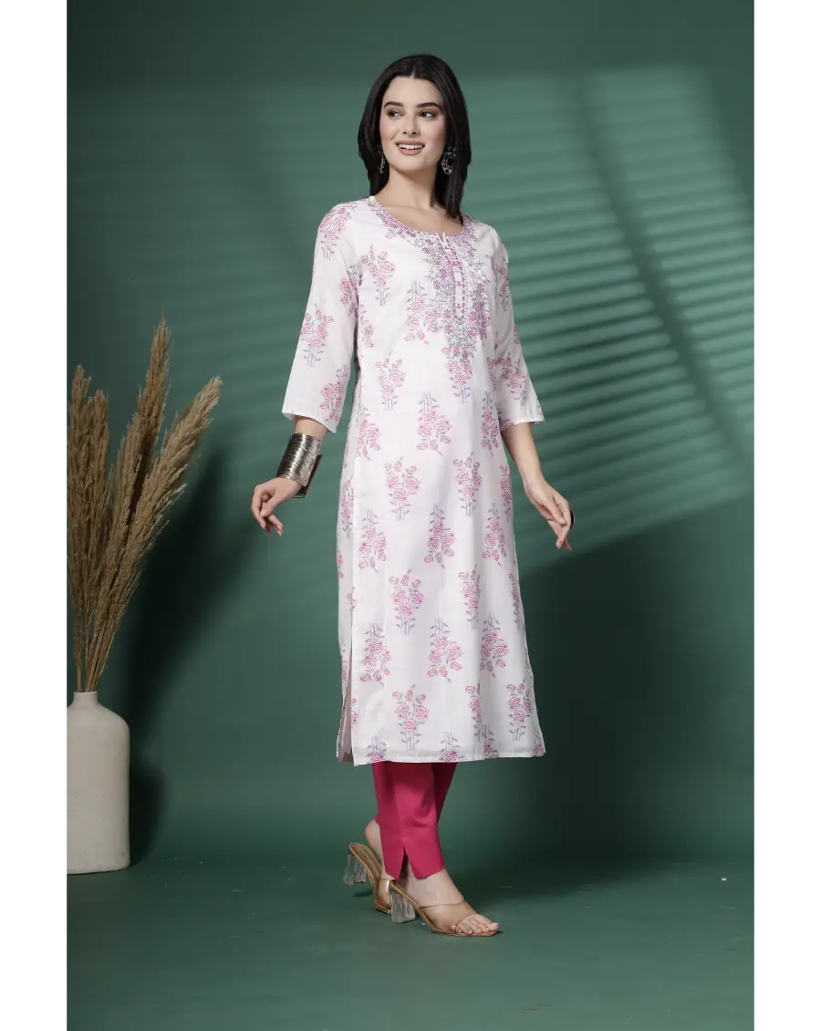 Women White Color Embroidery (Pink-Grey) Cotton Fabric Kurta