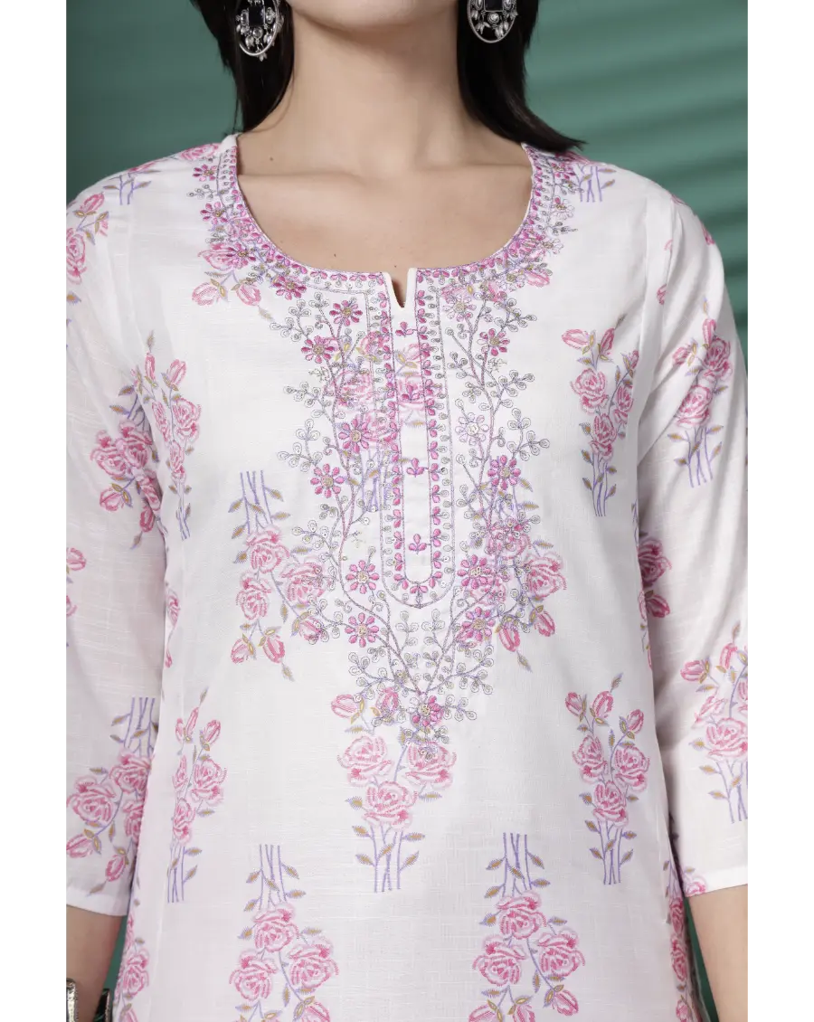 Women White Color Embroidery (Pink-Grey) Cotton Fabric Kurta