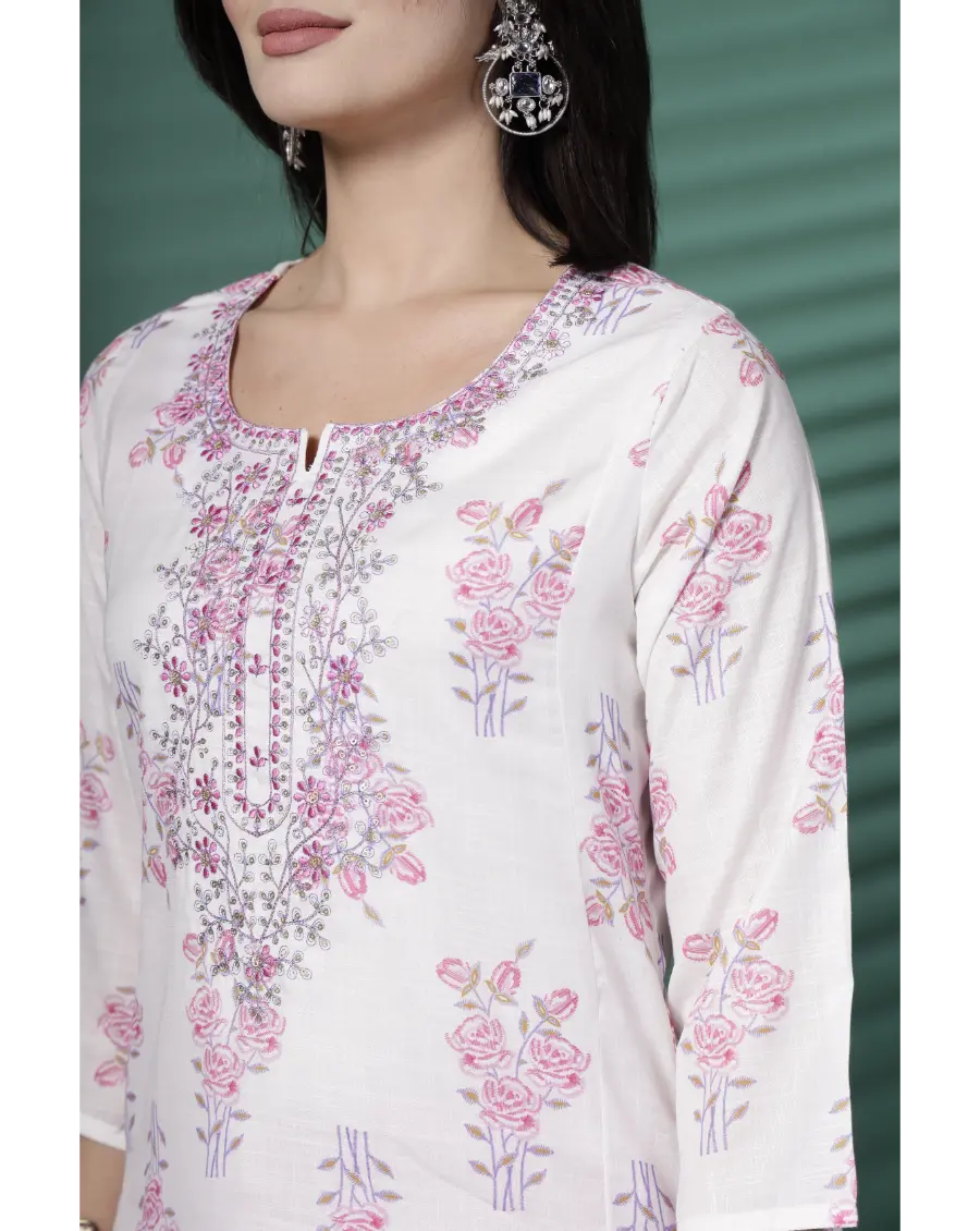 Women White Color Embroidery (Pink-Grey) Cotton Fabric Kurta