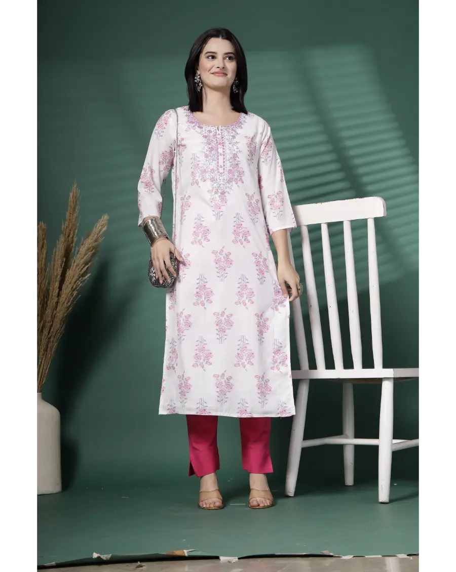 Women White Color Embroidery (Pink-Grey) Cotton Fabric Kurta