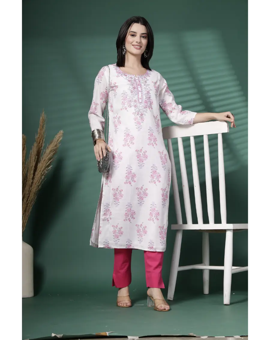 Women White Color Embroidery (Pink-Grey) Cotton Fabric Kurta