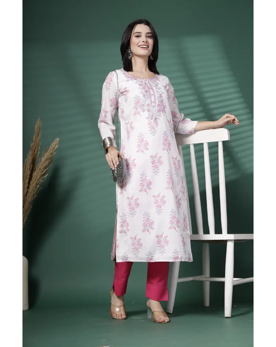 Women White Color Embroidery (Pink-Grey) Cotton Fabric Kurta