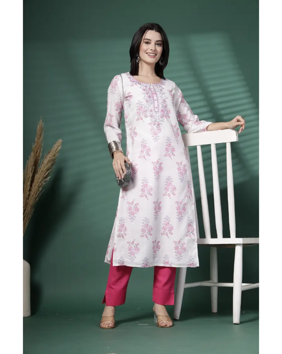 Women White Color Embroidery (Pink-Grey) Cotton Fabric Kurta