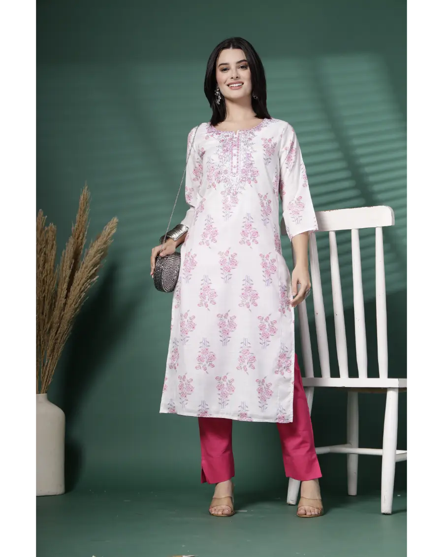 Women White Color Embroidery (Pink-Grey) Cotton Fabric Kurta
