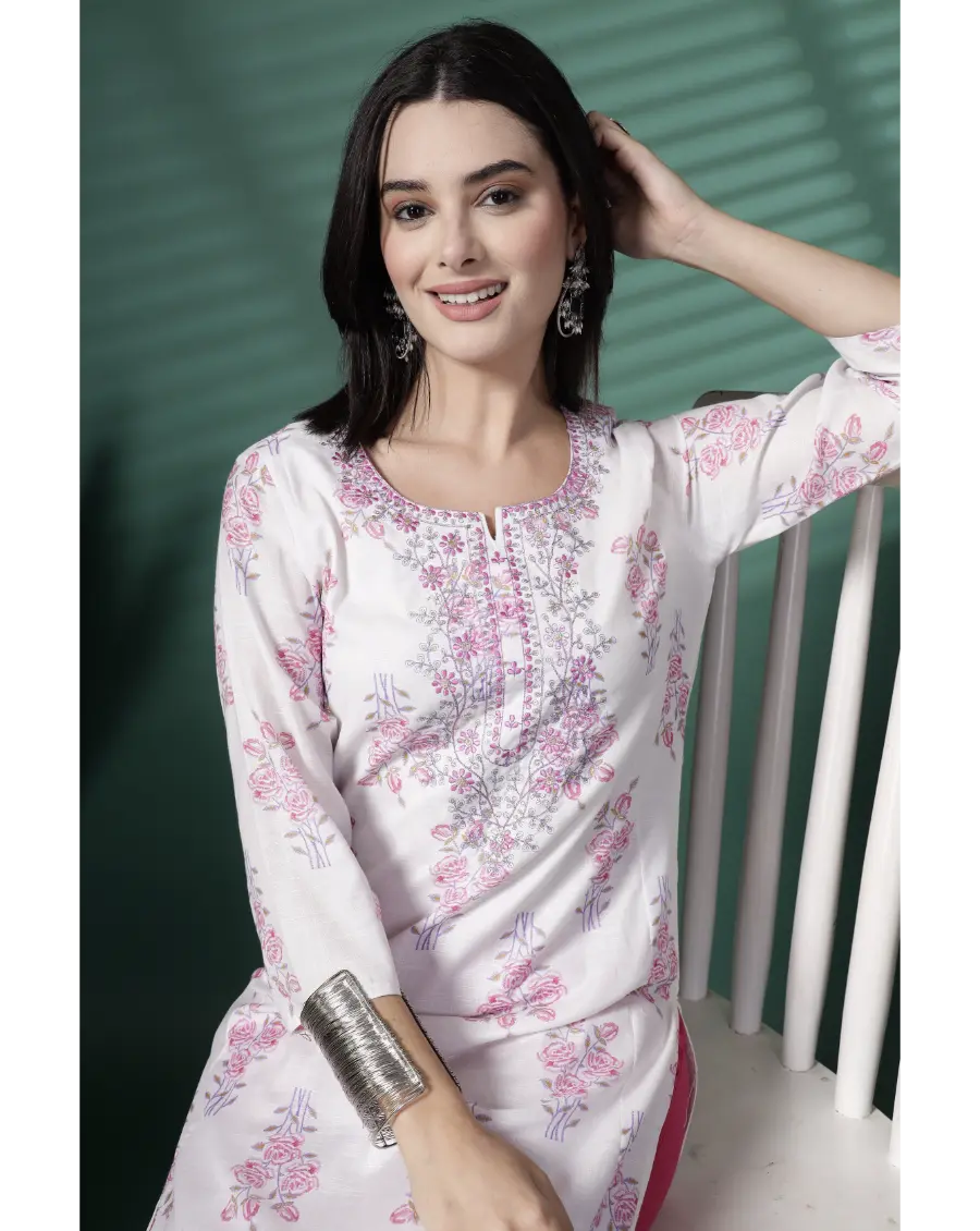 Women White Color Embroidery (Pink-Grey) Cotton Fabric Kurta
