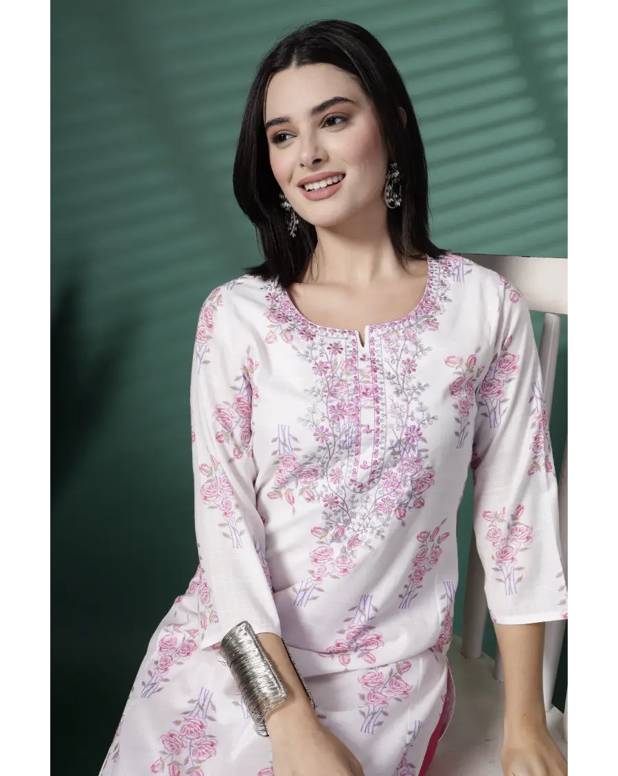 Women White Color Embroidery (Pink-Grey) Cotton Fabric Kurta