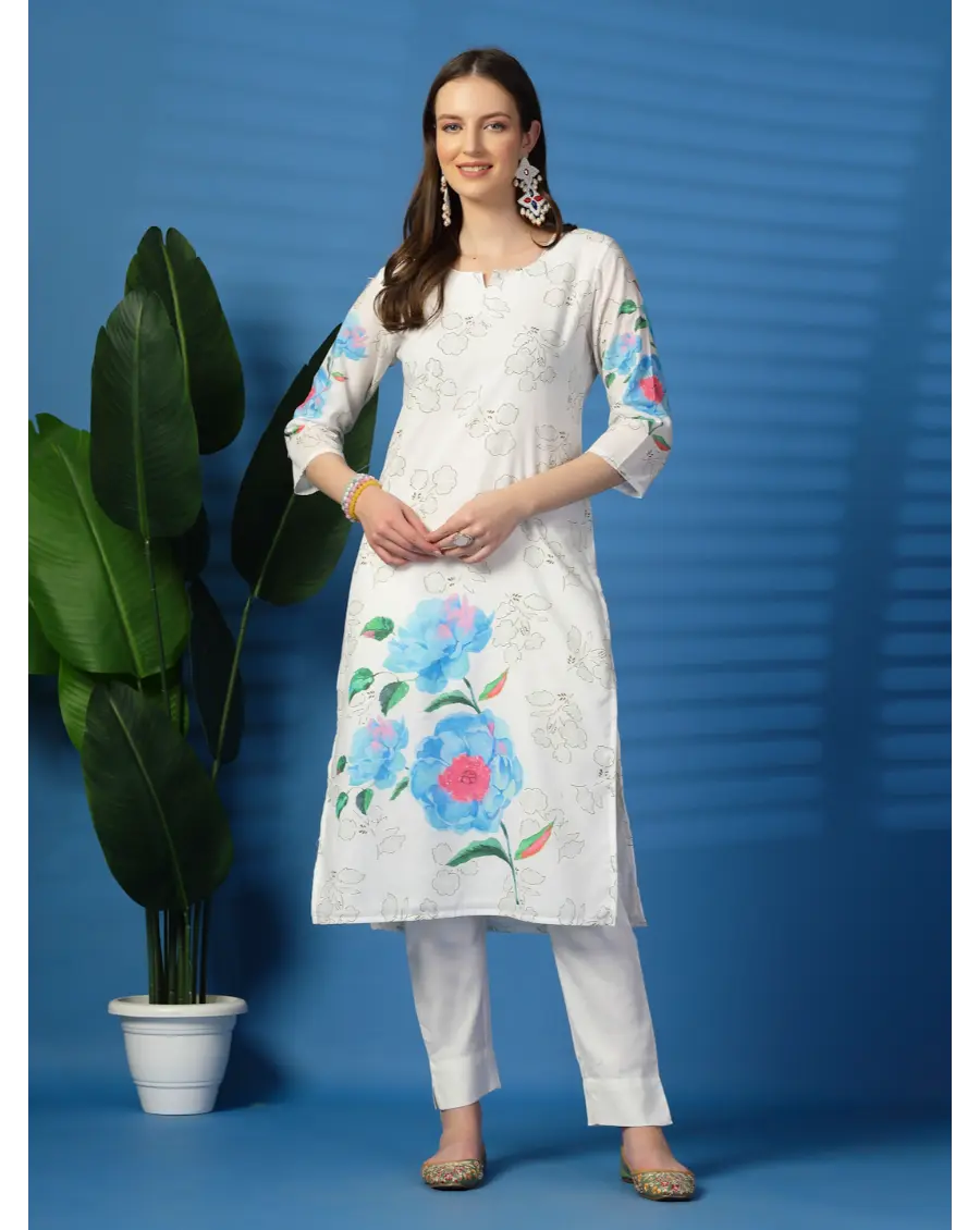 Women Floral blue Printed Pure Cotton Straight Kurta