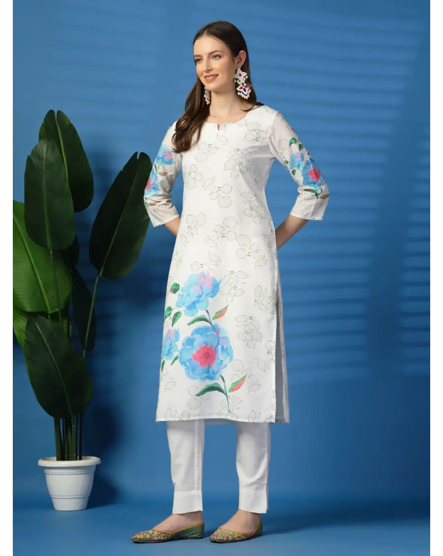 Women Floral blue Printed Pure Cotton Straight Kurta