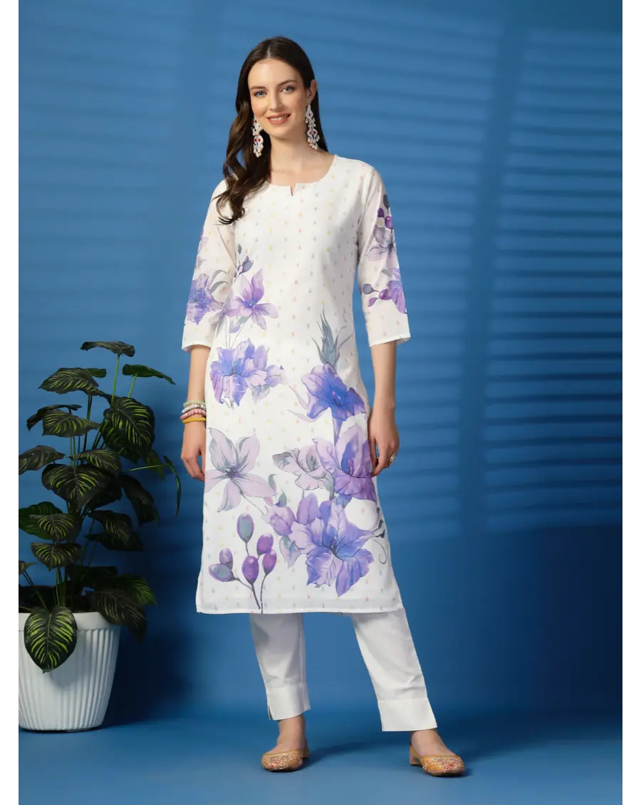 Women  Floral (Purple) Printed Pure Cotton Straight Kurta