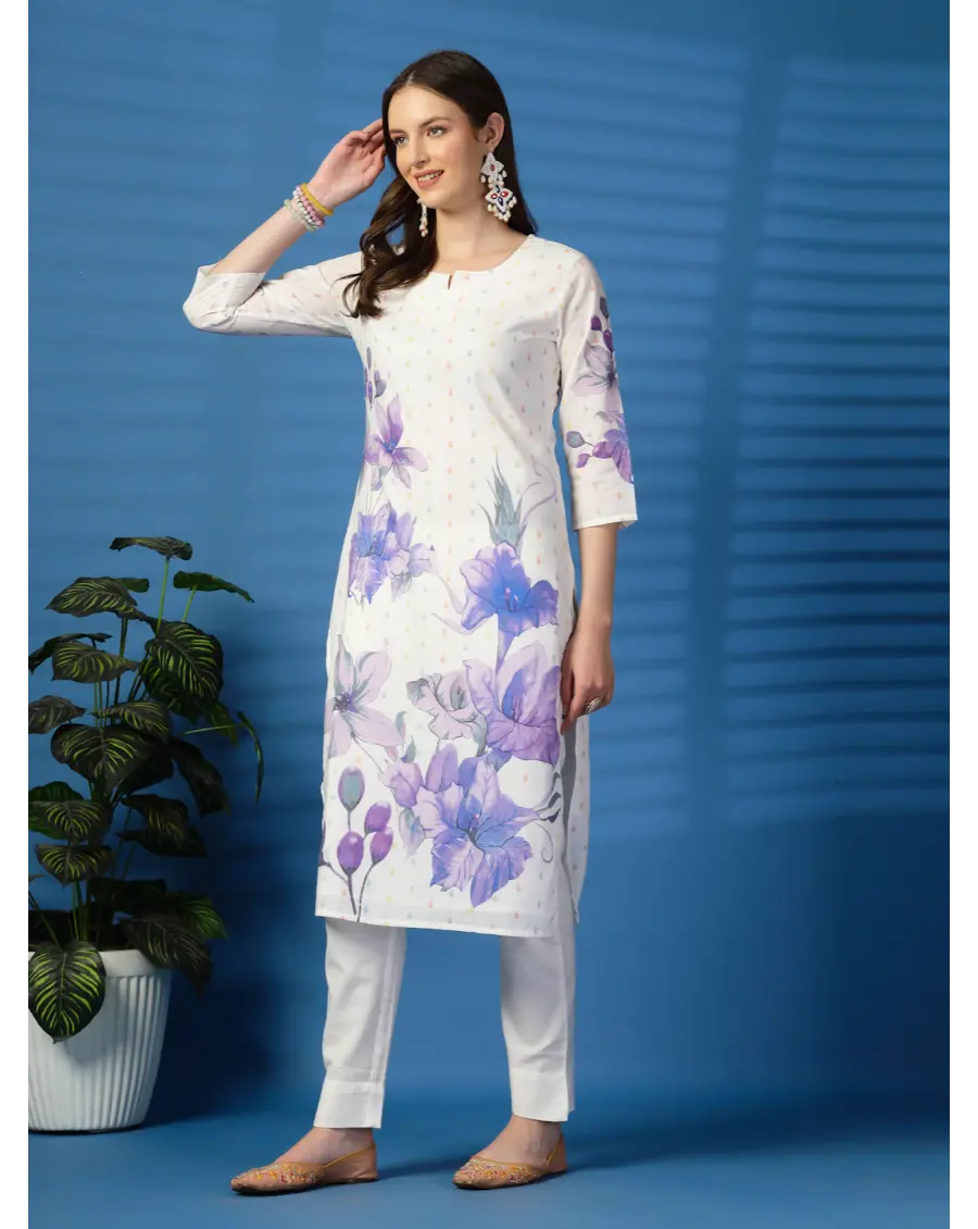 Women  Floral (Purple) Printed Pure Cotton Straight Kurta