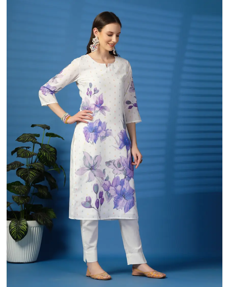 Women  Floral (Purple) Printed Pure Cotton Straight Kurta