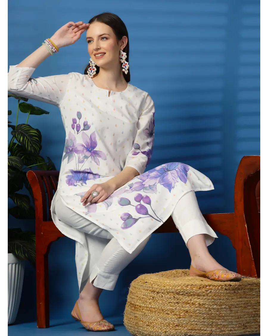 Women  Floral (Purple) Printed Pure Cotton Straight Kurta