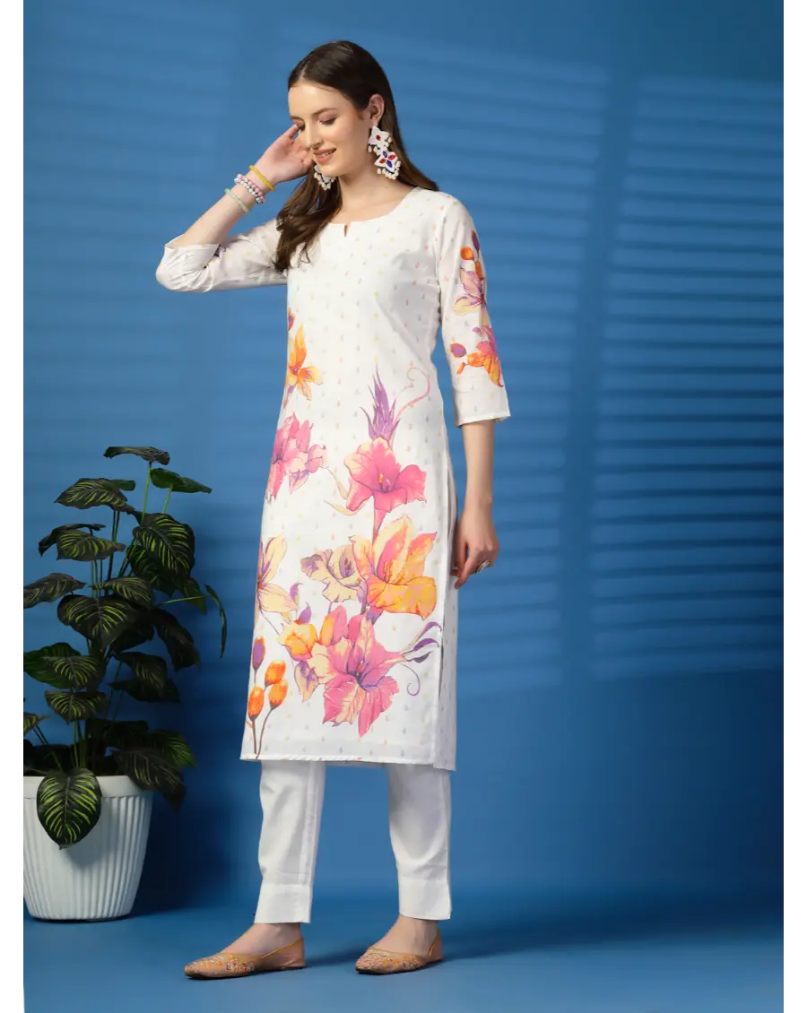 Women Floral ( Orange-Pink )Printed Pure Cotton Straight Kurta
