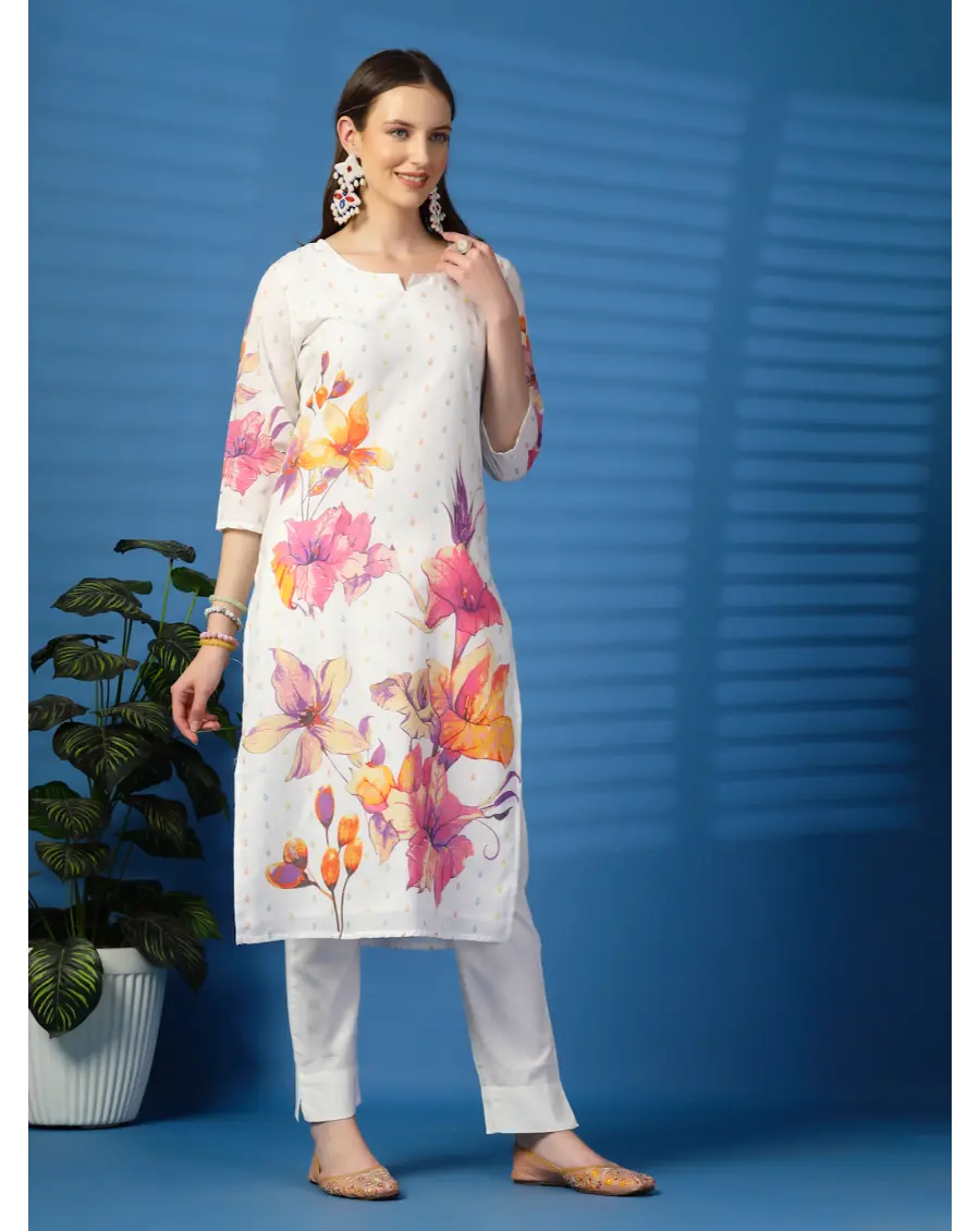 Women Floral ( Orange-Pink )Printed Pure Cotton Straight Kurta