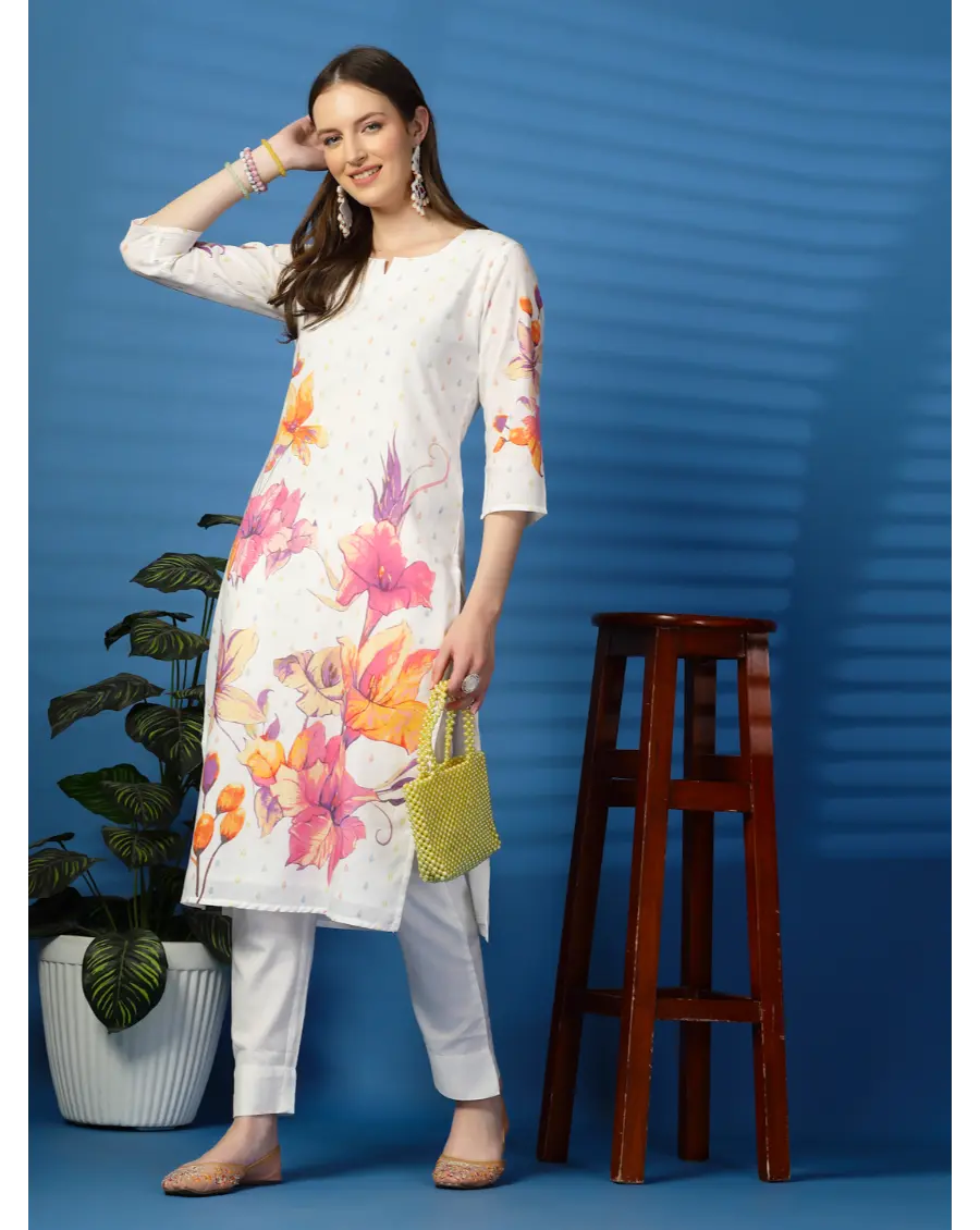 Women Floral ( Orange-Pink )Printed Pure Cotton Straight Kurta