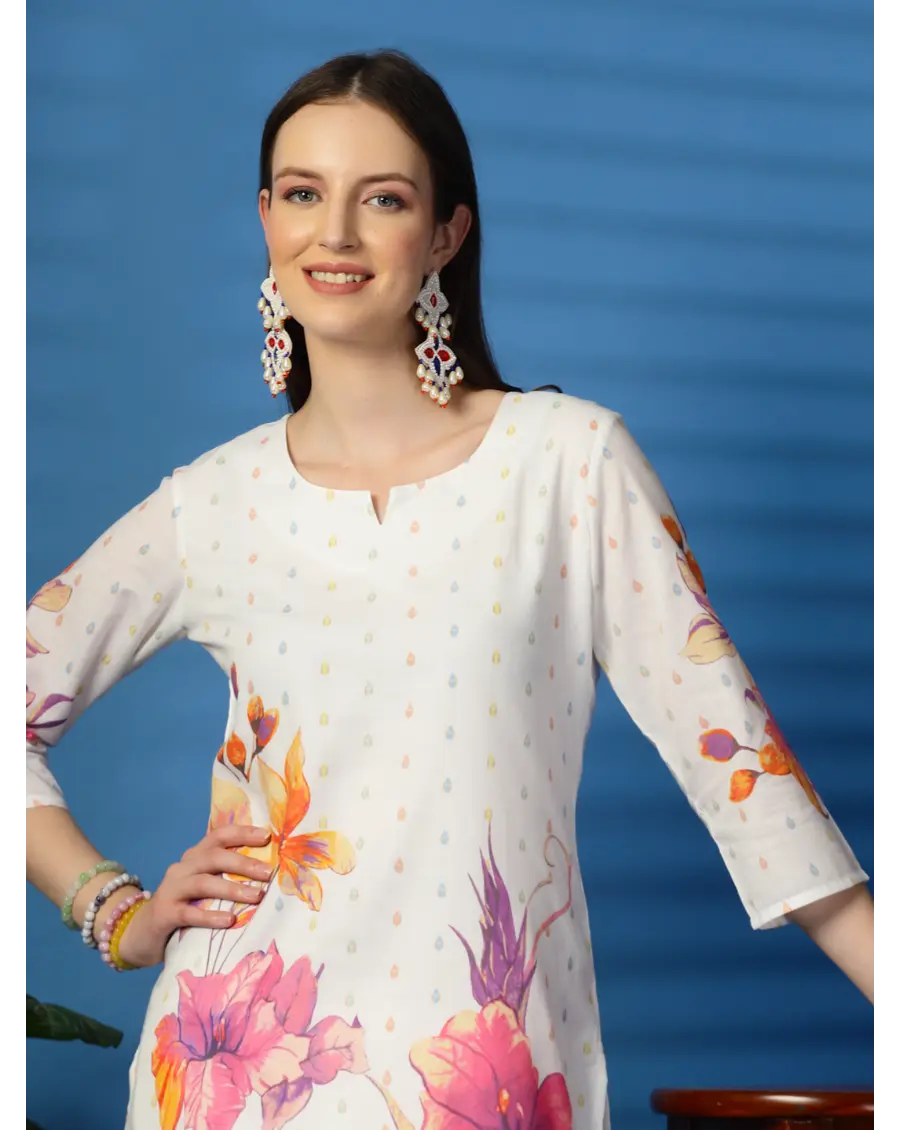 Women Floral ( Orange-Pink )Printed Pure Cotton Straight Kurta