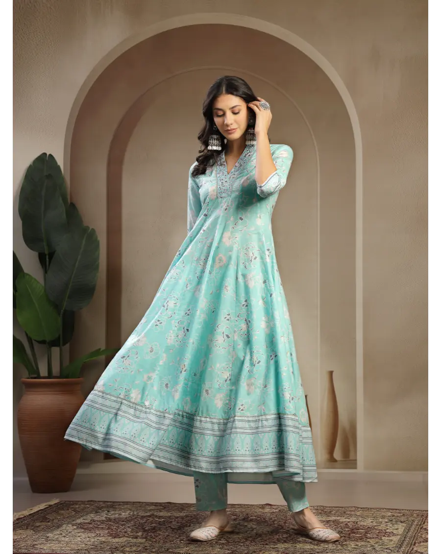Women Turquoise Color Printed Cotton Fabric Anarkali Kurta Set