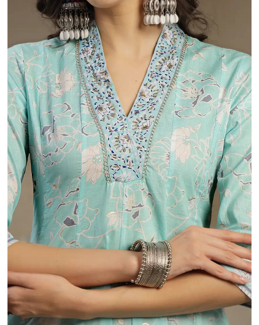 Women Turquoise Color Printed Cotton Fabric Anarkali Kurta Set