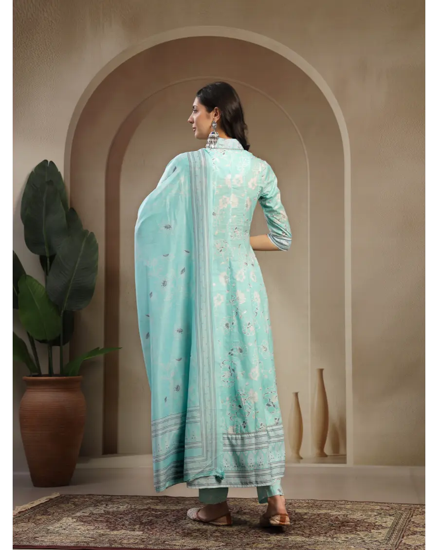 Women Turquoise Color Printed Cotton Fabric Anarkali Kurta Set